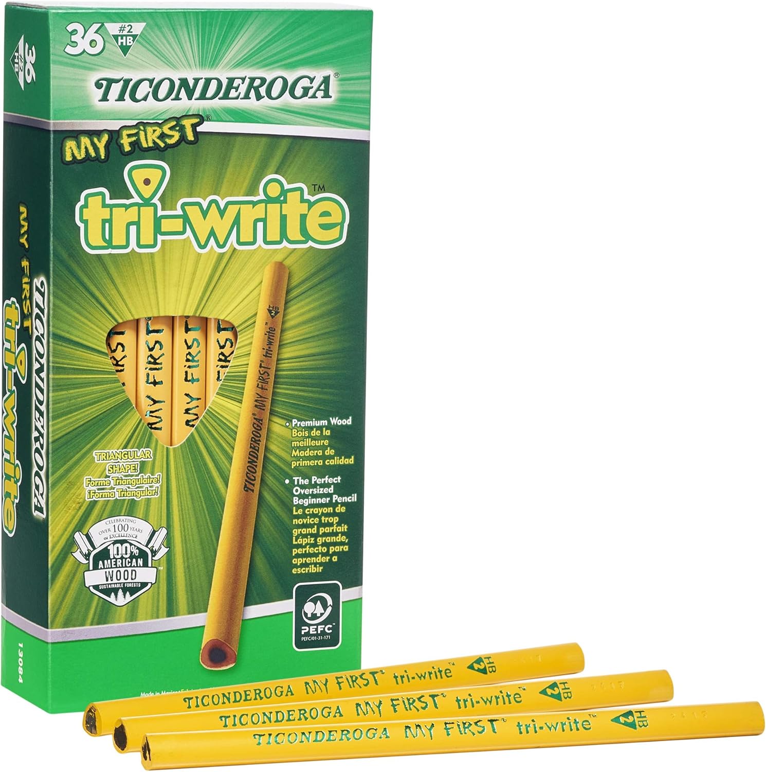 TICONDEROGA My First Tri-Write Pencils with Eraser, Primary Size Wood-Cased #2 HB Soft, Yellow, 36-Pack (13082): Office Products