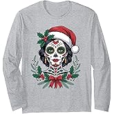 Christmas Sugar Skull Art Woman Santa Hat Festive Design Long Sleeve T-Shirt