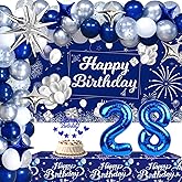 Blue 28th Birthday Decorations for Him Her, 28th Silver and Navy Blue Birthday Decorations for Men Women with Happy Birthday Backdrop Banner Tablecloth Balloons Arch Foil Balloons Party Supplies