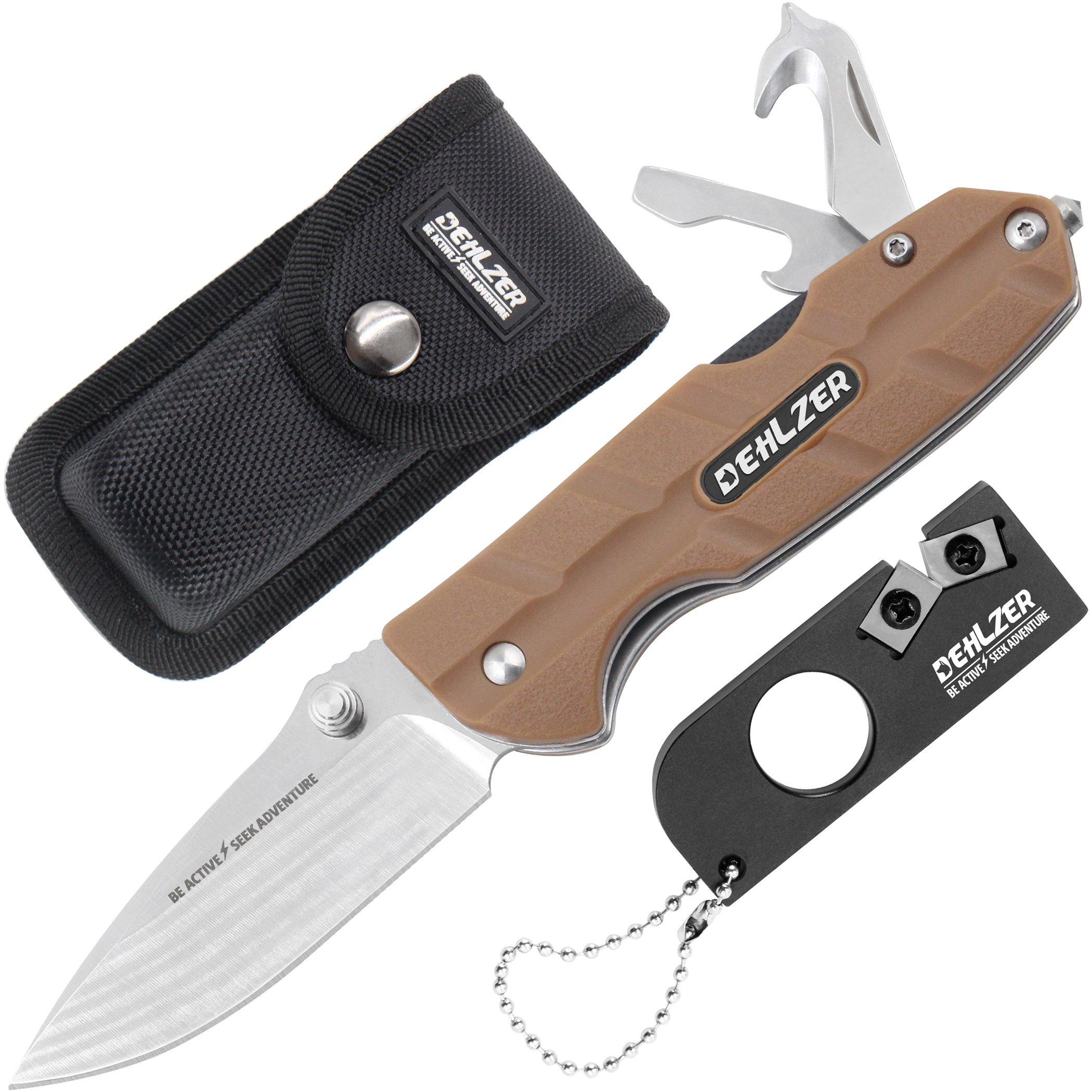 Klapp Taschenmesser mit Schärfer und Tasche - Multi Tool Nicht-Verriegelungs-Taschenmesser mit Gürtelclip, Flaschenöffner, Gürtelschneider, 2x Schraubendreher - Ideal für Camping und Notsituationen - von Dehlzer