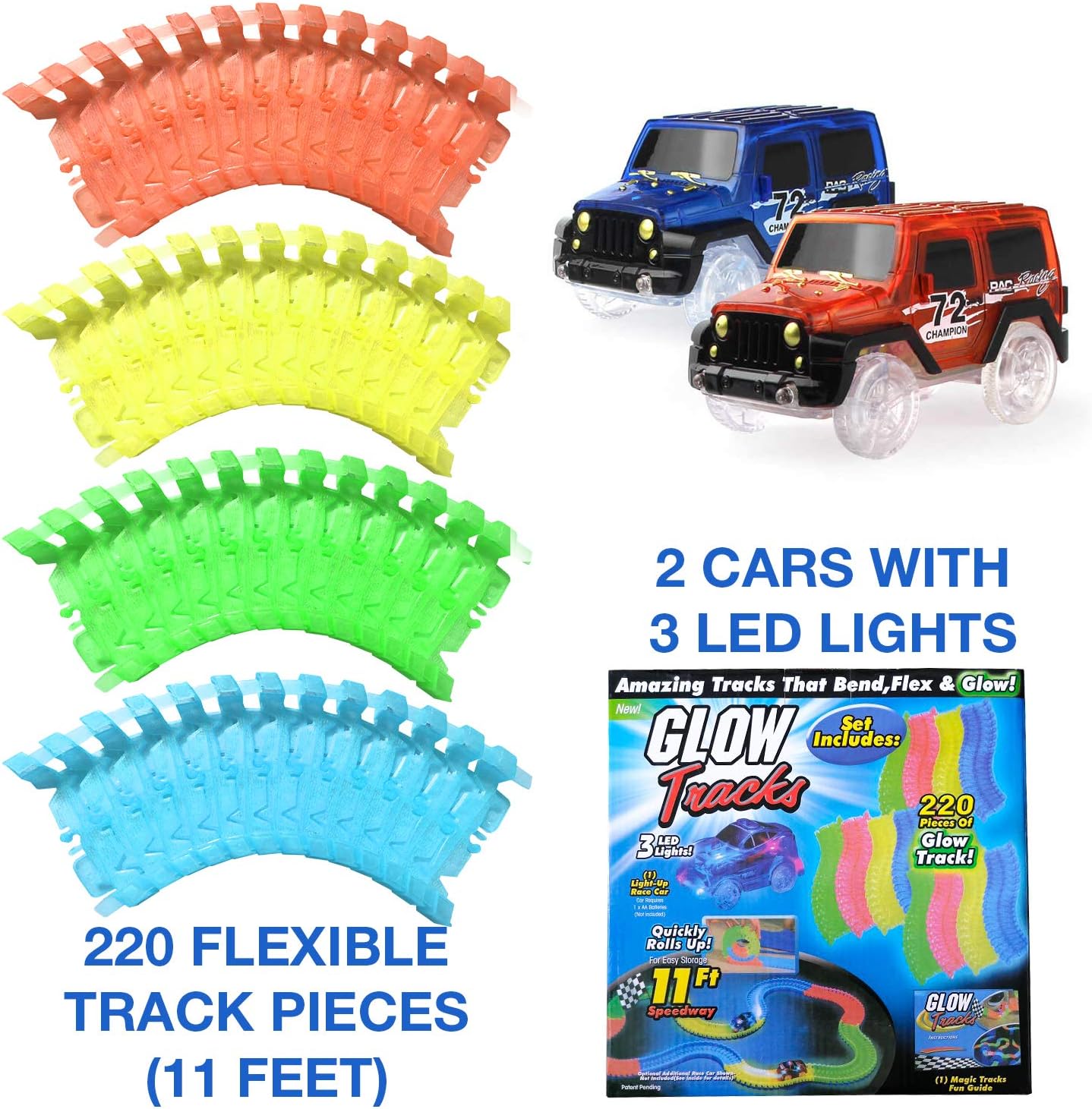 Tomi Tracks Glow in the Dark Race Car Track – 220 Flexible Pieces (11 ...