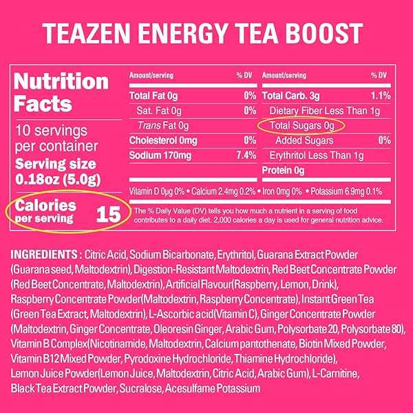 TEAZEN ENERGY DRINK POWDER BOOST, 100MG NATURAL CAFFEINE WITH BLACK TEA EXTRACT, B VITAMINS, VITAMIN C & L-CARNITINE, SUGAR-FREE ENERGY MIX FOR PERFORMANCE & IMMUNITY, 10 ON-THE-GO PACKETS, 1.76OZ