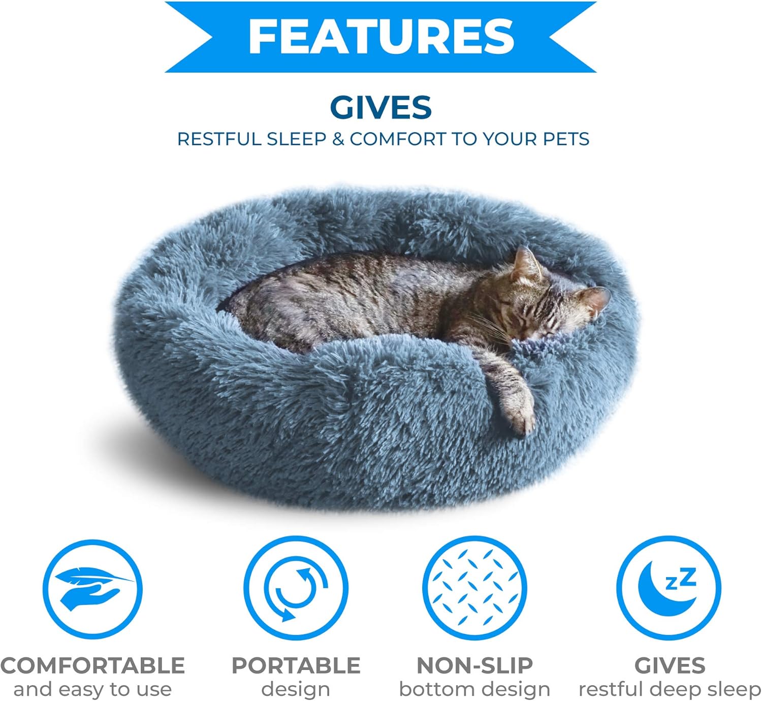 Whiskers & Friends Cat Dog Bed Calming Soft Plush Faux Fur Shag Donut Comfort Cuddler Improve Sleep - Up to 25 Pounds - Gentle Delicate Wash, Air Delicate Dry (Navy-Gray) : Pet Supplies