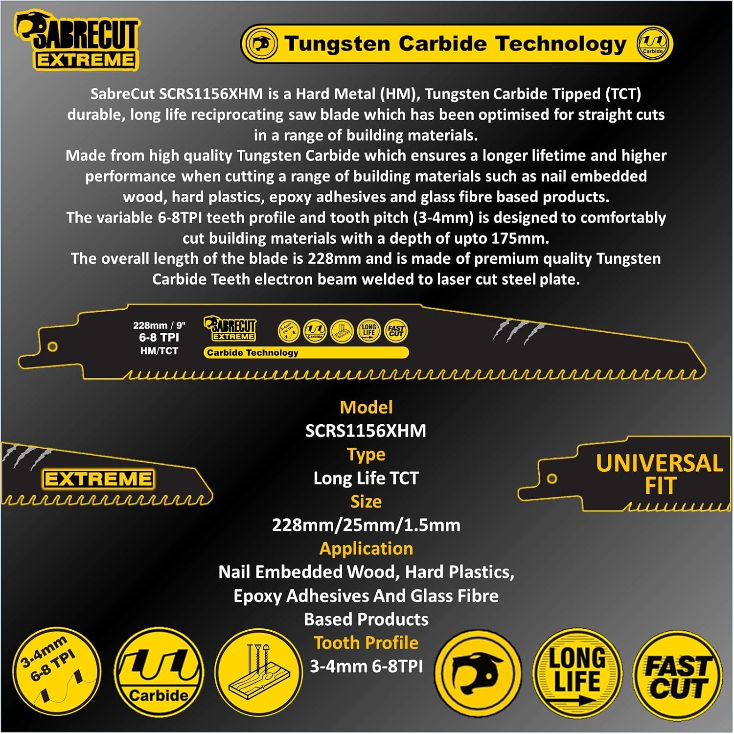 1 x SabreCut SCRS1156XHM Tungsten Carbide 228mm Variable 6-8 TPI S1156XHM Very Fast Wood and Plastic Cutting Reciprocating Sabre Saw Blade - Image 4