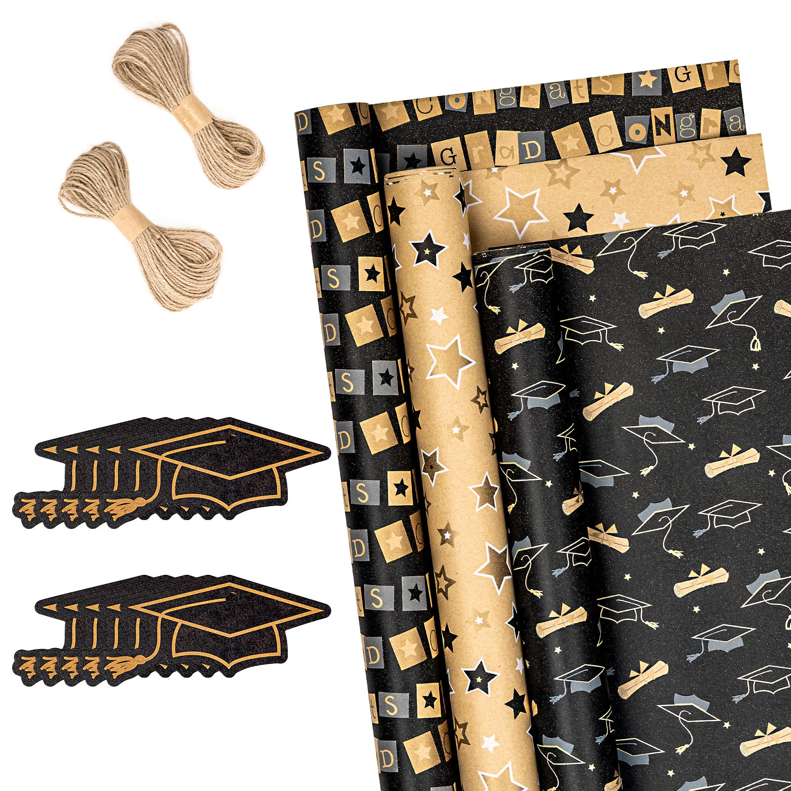 RUSPEPA Wrapping Paper Rolls with Tags, Jute String - 43 cm x 3 Meter per Roll, Total of 3 Rolls, Graduation