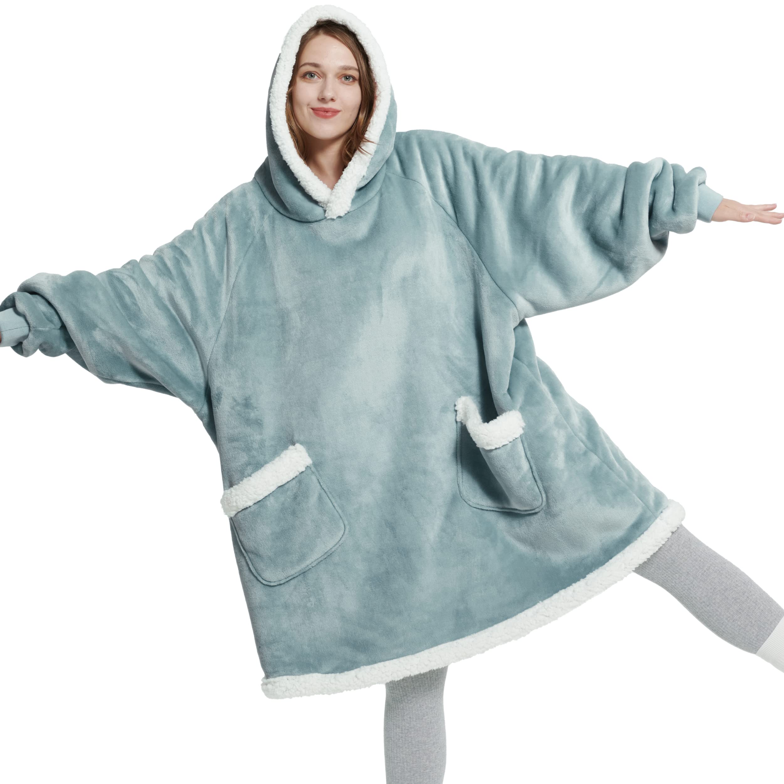 Photo 1 of Bedsure Blanket Hoodie - Sherpa Wearable Blankets for Women & Kids as Gifts for Women Men, Christmas Gifts Sweatshirt Blanket, Light Green, Standard
