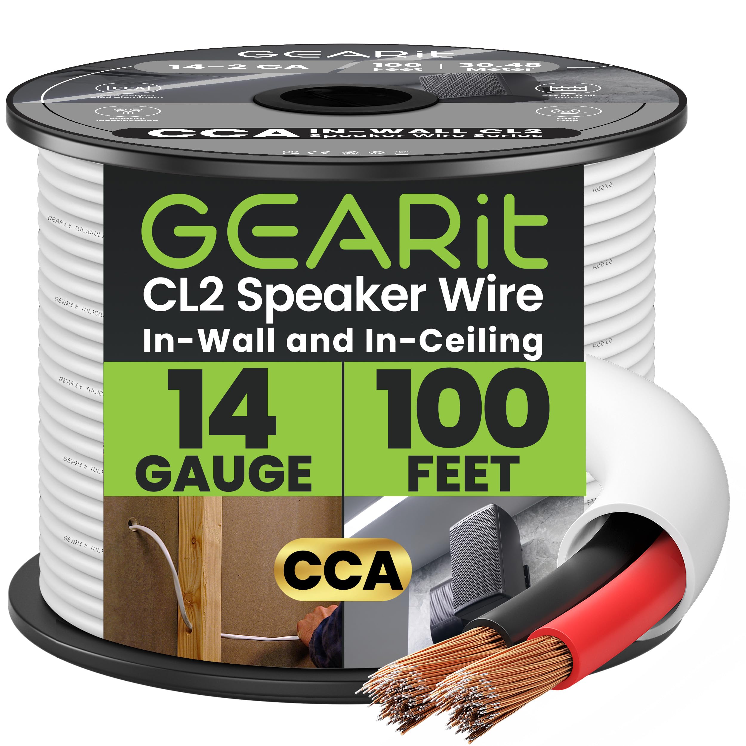 GearIT 14/2 Speaker Wire (100 Feet) 14 Gauge (Copper Clad Aluminum) - Fire Safety In Wall Rated Audio Speaker Wire Cable / CL2 Rated / 2 Conductors - CCA, 100ft