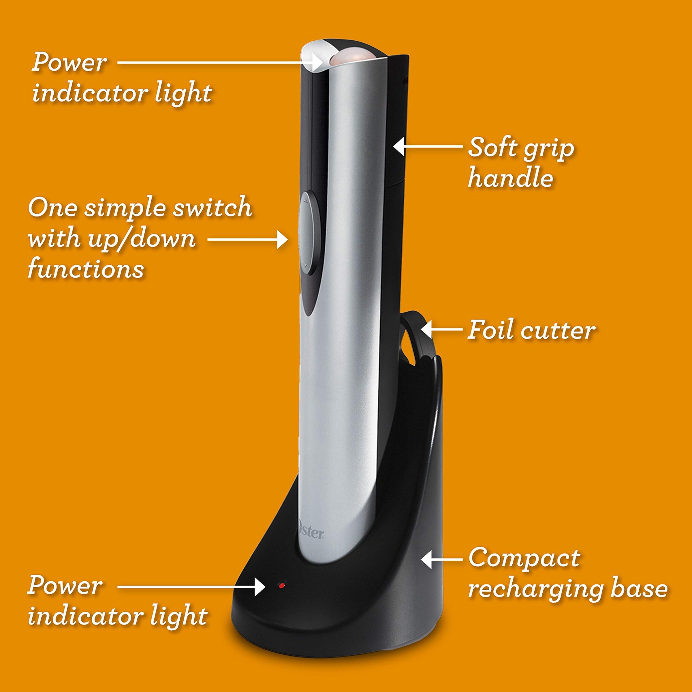 Oster FFP FPSTBW8207-S-AMZ Cordless Electric Wine Bottle Opener with Foil Cutter, Silver, 1 Pack