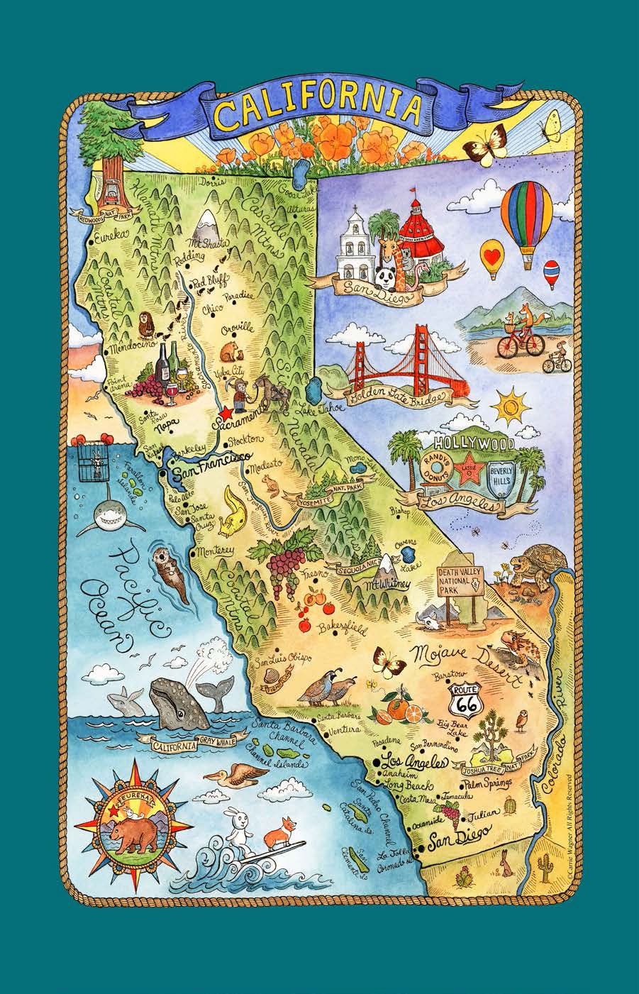 Kay Dee Adventure Destinations Poster Style Tea Towel, California