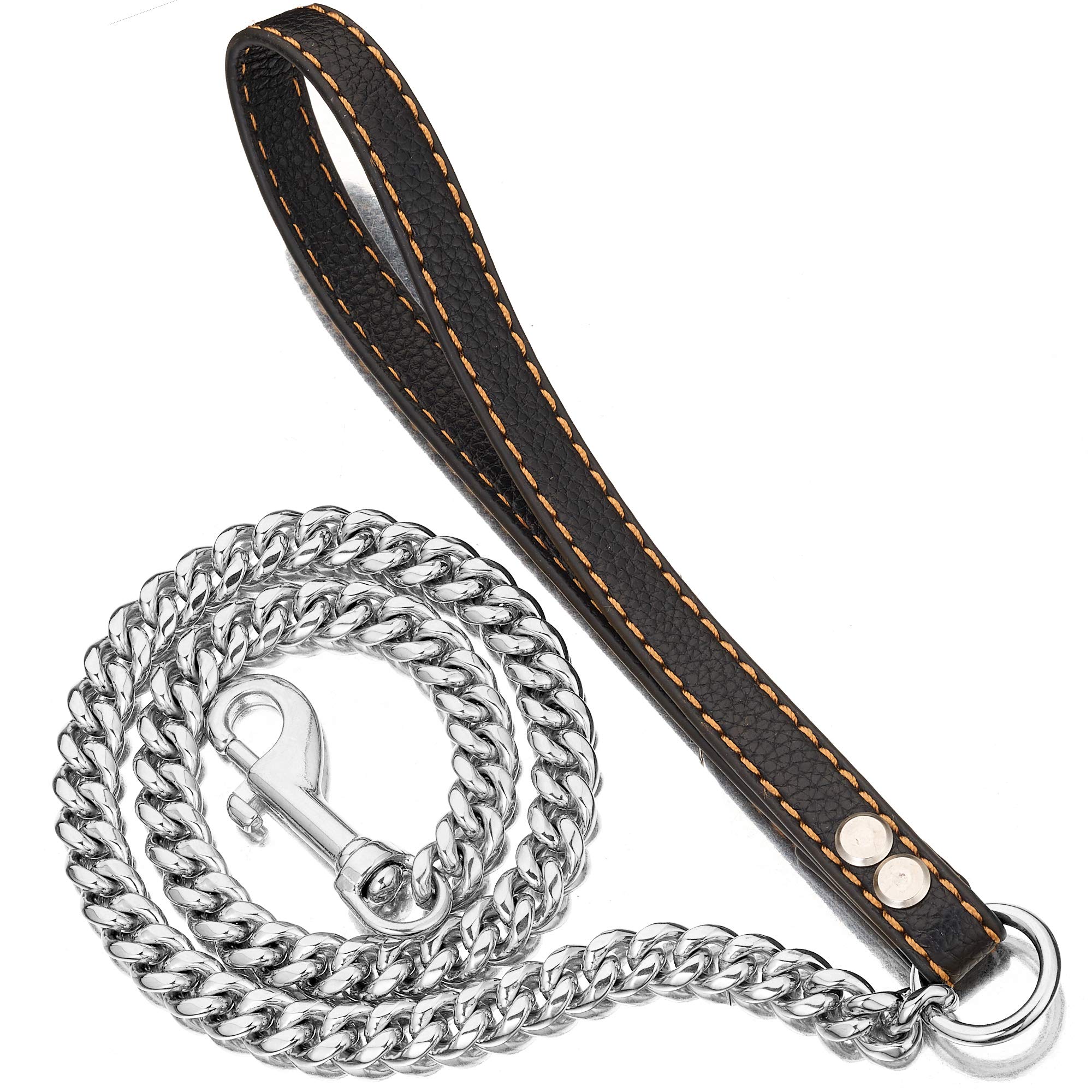 PRADOG Chain Dog Leash Metal Chew Proof 12MM Heavy Duty Pet Leash Chain with Leather Padded Handle for Large Medium Small Dogs(Totally Length of 3ft)