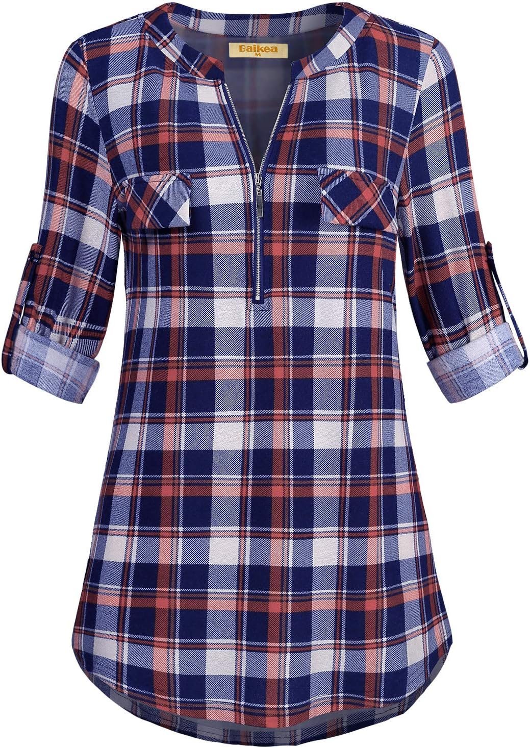 Baikea Women's 3/4 Rolled Sleeve Zipped V Neck Plaid Shirt Casual Tunic Blouses with Chest Flaps