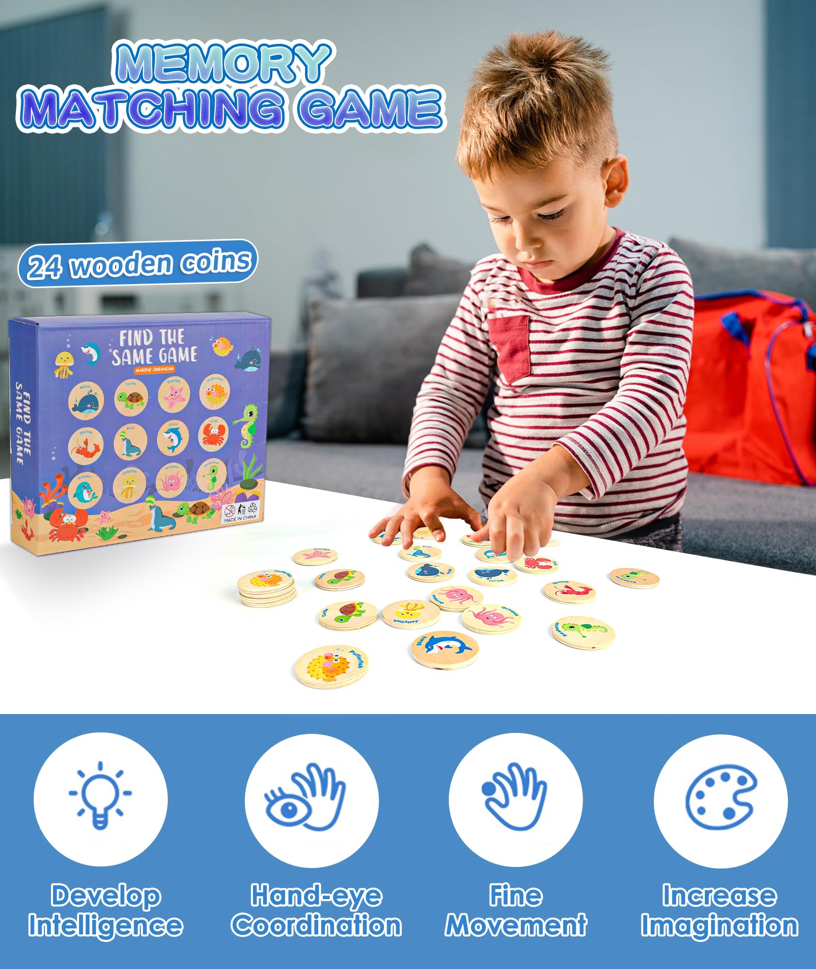 Protado Wooden Match Memory Game for Kids, 24Pc Memory Matching Cards