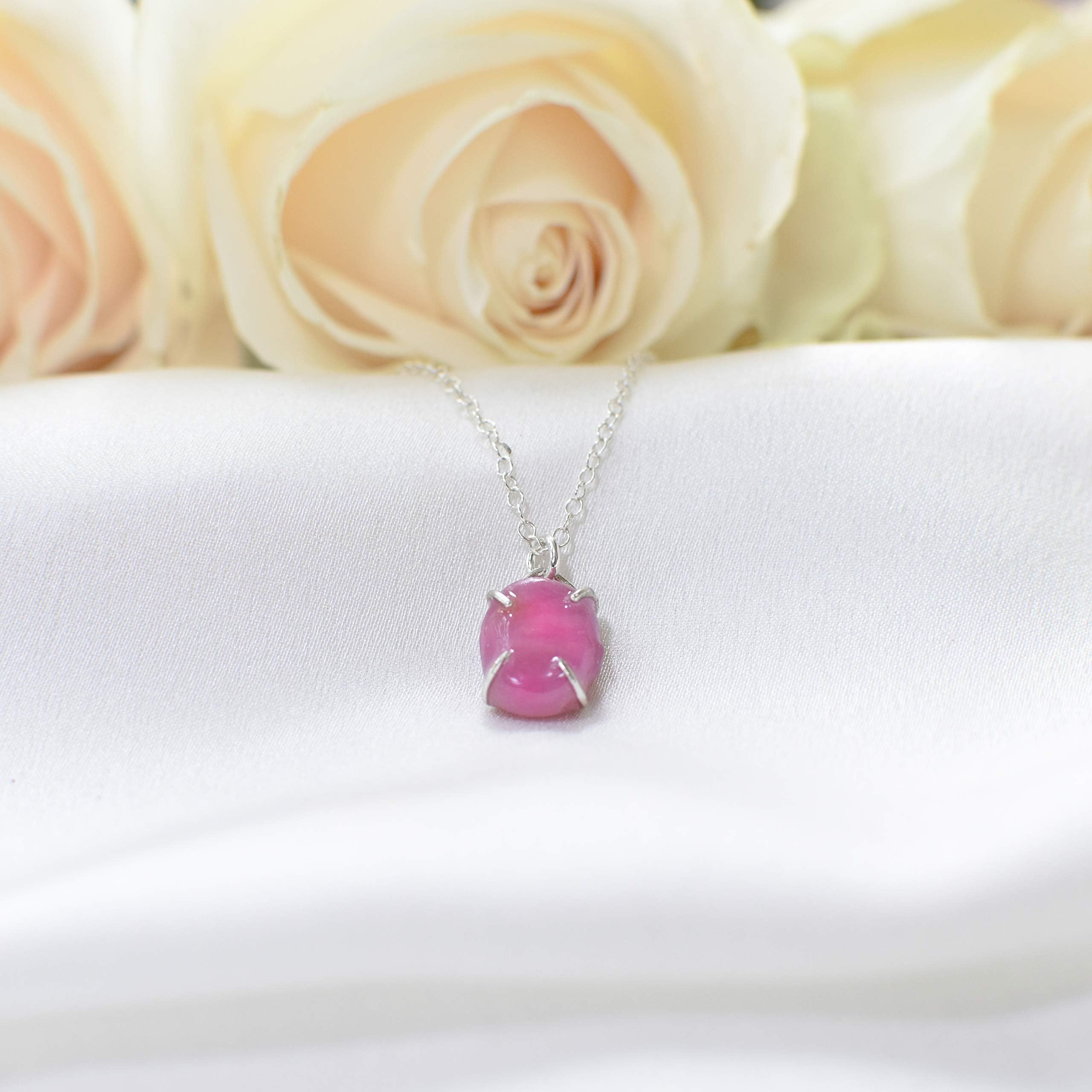 Pink Ruby Necklace - Small Pink Ruby Crystal Charm Necklace - 18 Inch Sterling Silver Chain - July Birthstone Jewelry - Gift for Her - Gift for Women - Delicate Charm Pendant