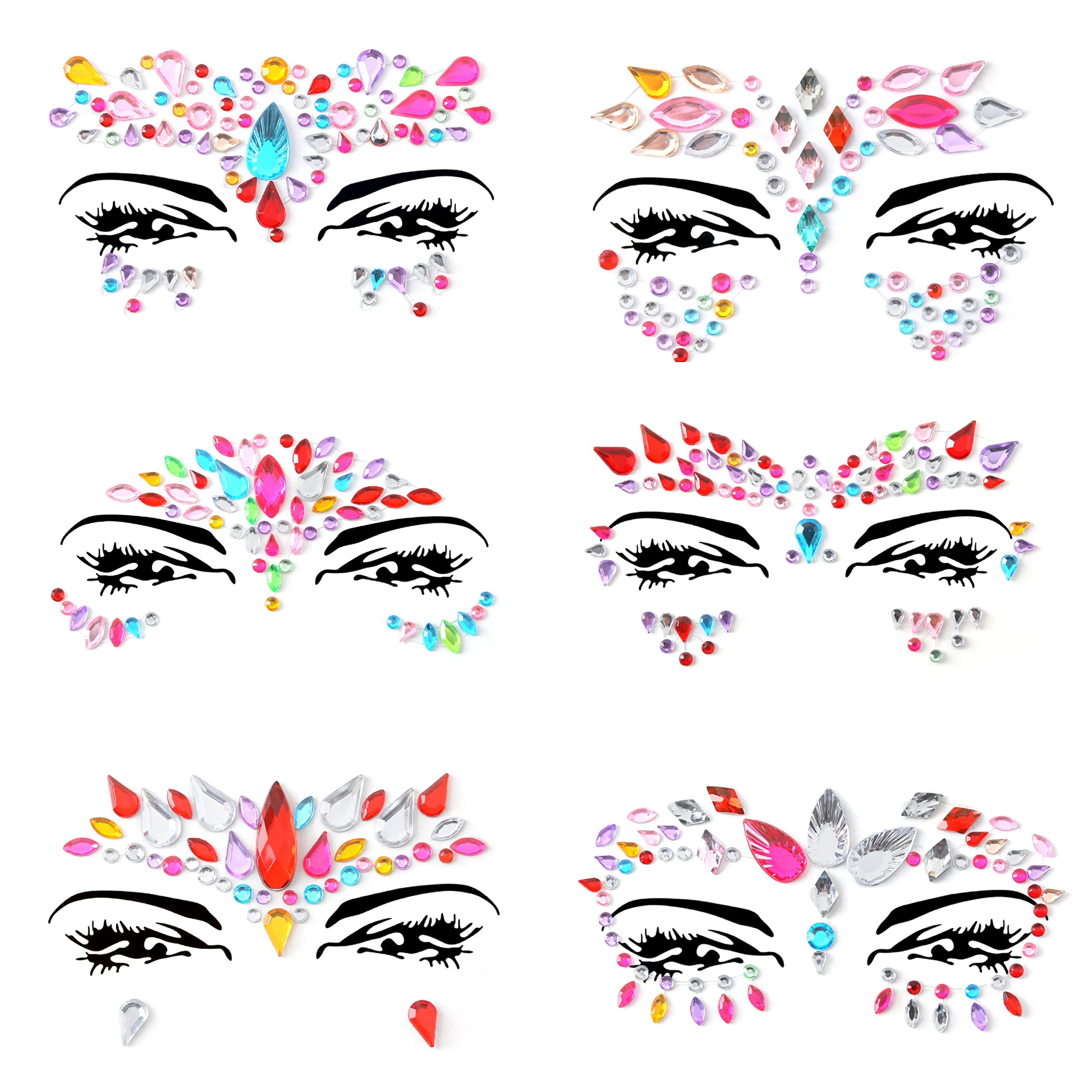 6 PCS Face Gems Adhesive Glitter Jewel Tattoo Sticker Festival Gems Rave Party Body Make Up Z6ZAKMUL-A