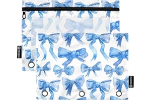 PDYRLEN Binder Pencil Pouches, Blue Ribbon Bows Watercolor Pencil Case with Clear Window 3 Rings Pen Case Holder School Office Supplies Cosmetic Makeup Bag