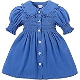 YWFSHOP Baby Girls Dresses Ballon Sleeve Peter Pan Collar Vintage Toddler Girl Cotton Linen Dresses