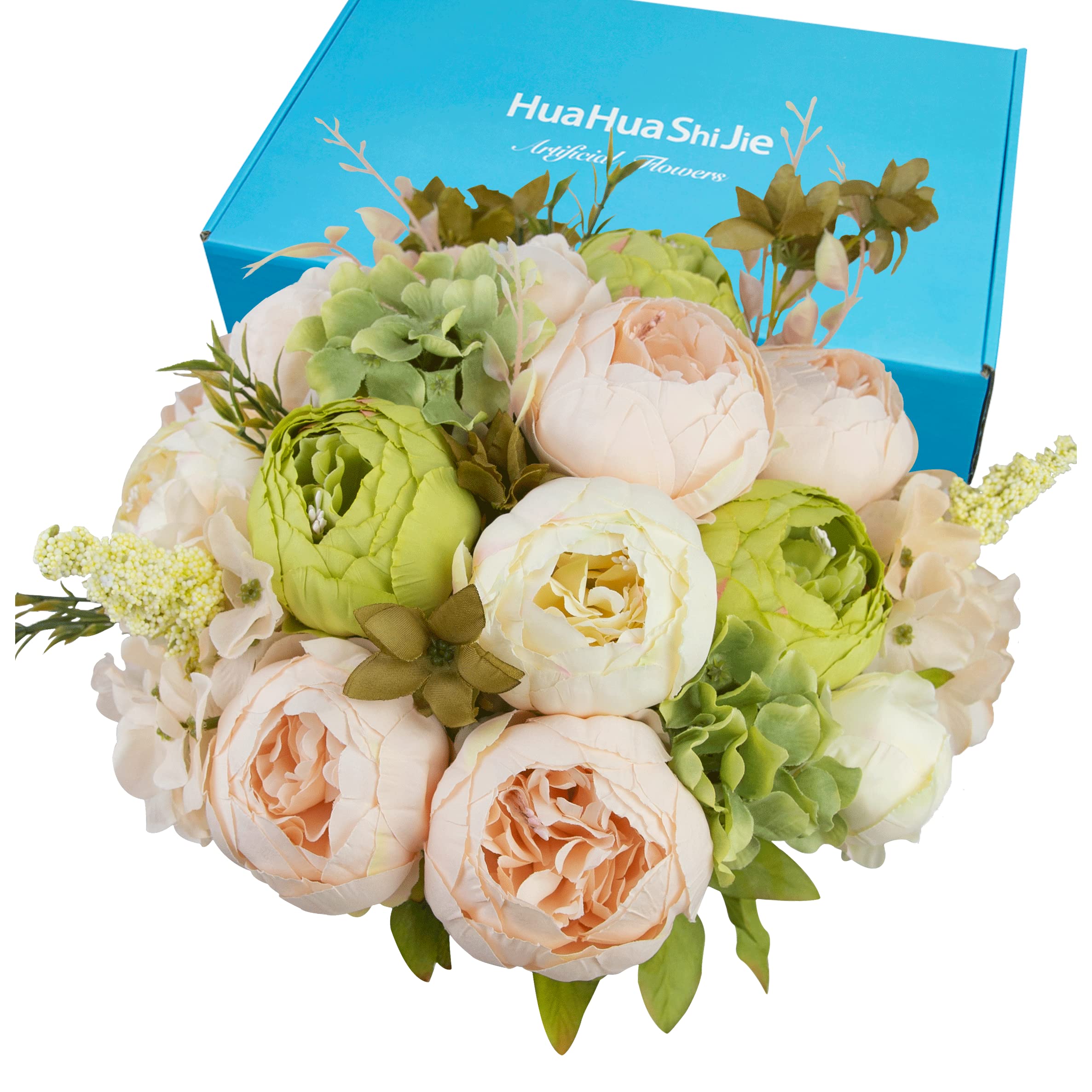 Huahuashijie Vintage Artificial Peonies Silk Peony Flowers Bouquet for Wedding Bridal Home Décor – Beautiful Floral Centerpiece Arrangement Decoration with 2 Bouquets (Light Pink, Green)