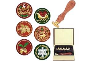 CRASPIRE 6 Style Merry Christmas Wax Seal Stamp Set Brass Sealing Stamp Heads+1pc Wood Handle Removable Kit for Pine Cone Snowflake Reindeer Sleigh Holly Party Envelope Invitation DIY Craft Gifts Wrap