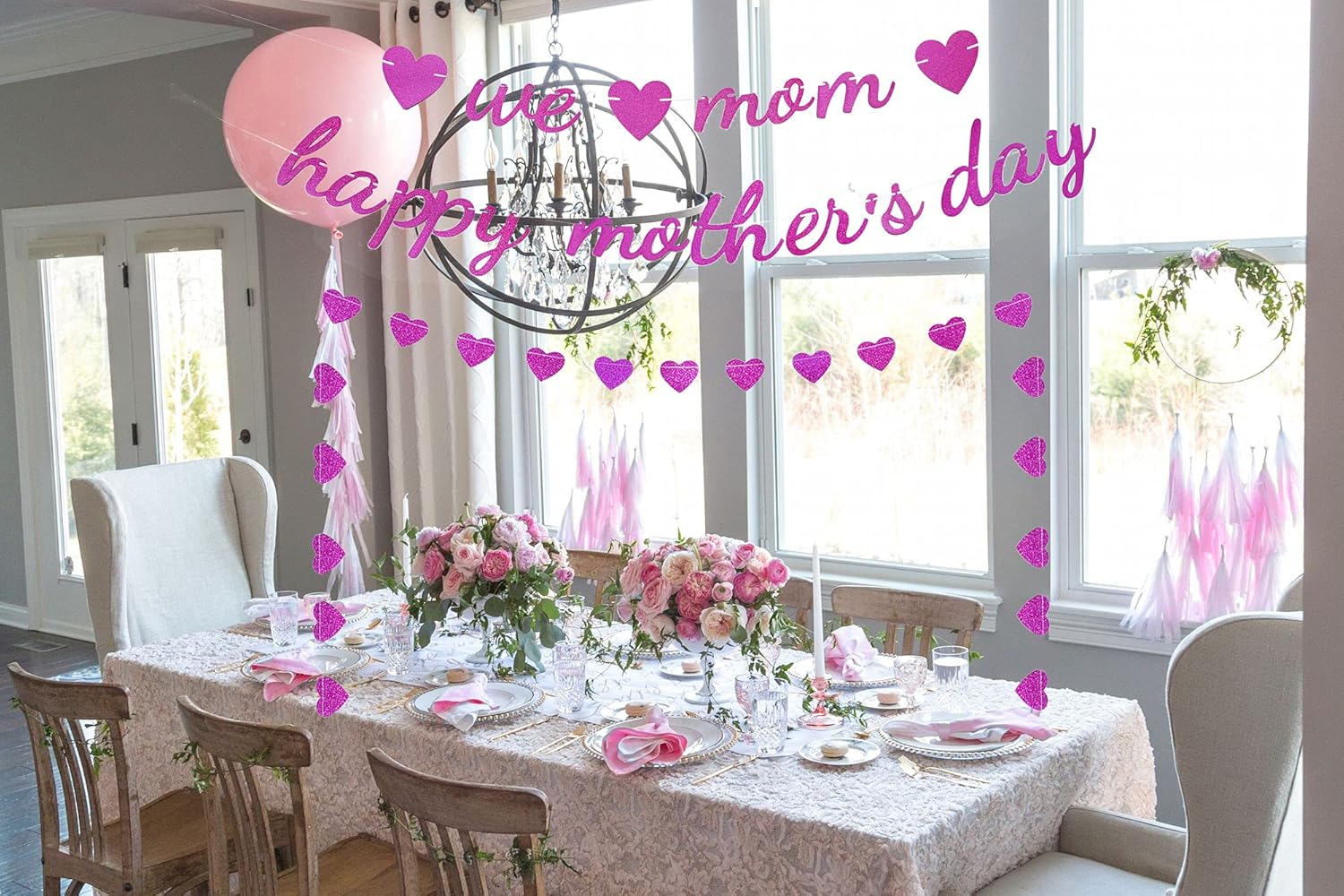 Happy Mother’s Day Banner, We Love Mom Banner, Pink Glitter Mothers Day Decorations, Thank You Mom Best Mom Ever Mothers Day Garland for Mother’s Day Party Decorations Photo Props (Pre-Assembled)