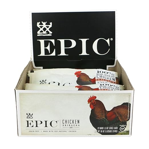 Epic All Natural Meat Bar, Chicken, Sriracha, Low-Carb, 1.5 oz. (12 Count) best paleo bars