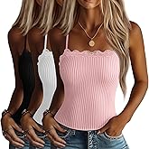 Xaatren 3 Pcs Women's Camisole Tank Tops Lace Trim Boat Neck Ribbed Adjustable Spaghetti Strap Y2K Slim Tight Cami Shirts(Black, White, Pink,Small)