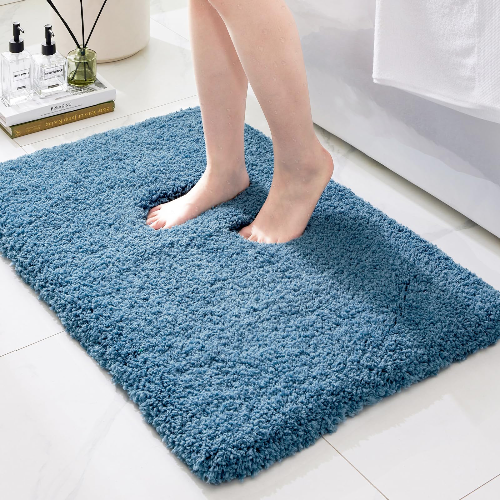 Ruggnovea Bathroom Rugs Non Slip Washable, Ultra Thick Soft Microfiber Absorbent Bath Mats, High Density Foam Latex Non Slip Backing Bath Rugs, Fluffy Floor Carpet for Tub&Shower 24x17, Blue