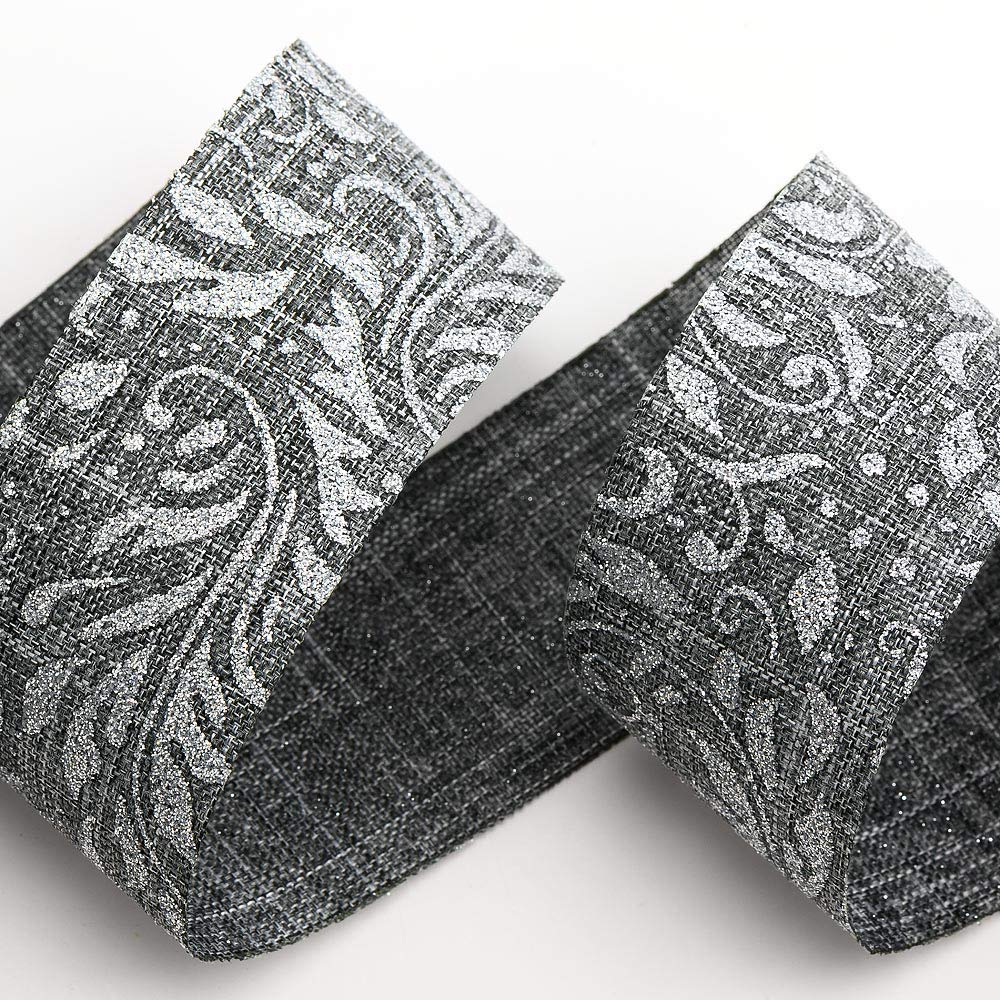 Italian Options Silver Lurex Leaf Scroll Grey Hessian Ribbon, Jute Christmas Ribbon for Crafts, Gift Wrapping Accessories, Wreath Making Supplies, Tree Decorations, Grey, Silver, 38 mm x 10 Metre Roll
