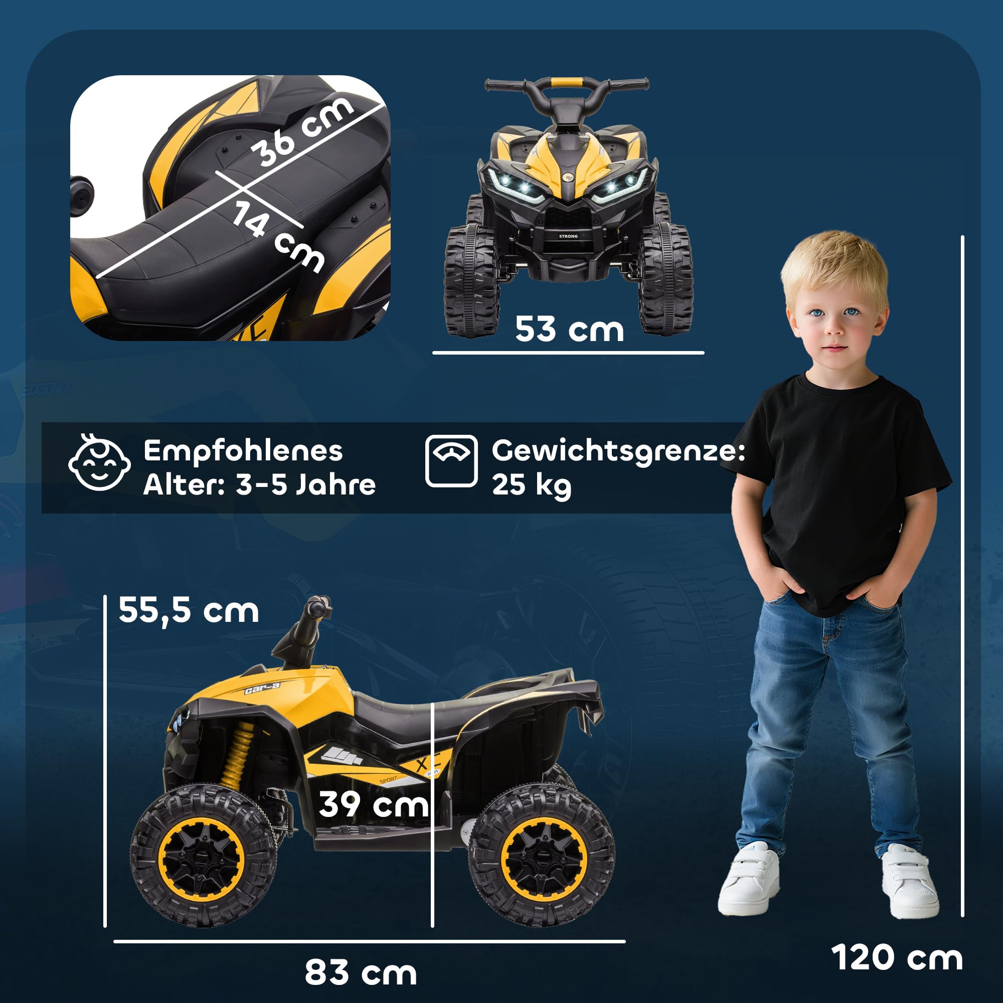 HOMCOM Kinder Quad Elektro 12V Kinderquad mit 35W Motor, Vorwärts-, Rückwärtsfunktion, Musik, USB-Anschluss, Hupe, LED-Scheinwerfer 3-6km/h Elektro-Quad für Kinder 3-5 Jahre Gelb 7