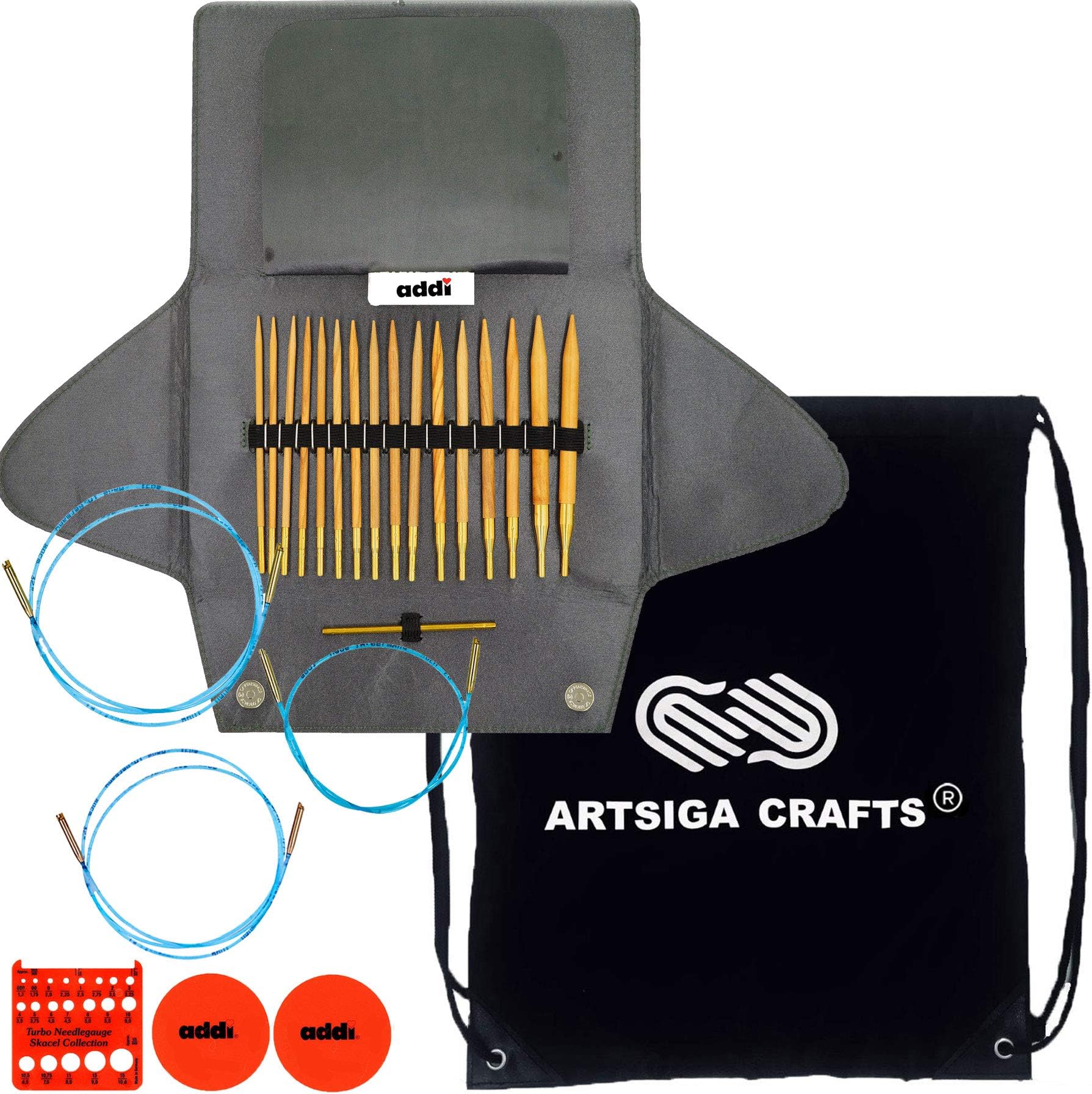 addi Knitting Needles Click Olive Wood Interchangeable System with Skacel Exclusive Blue Cords Bundle with 1 Artsiga Crafts Project Bag
