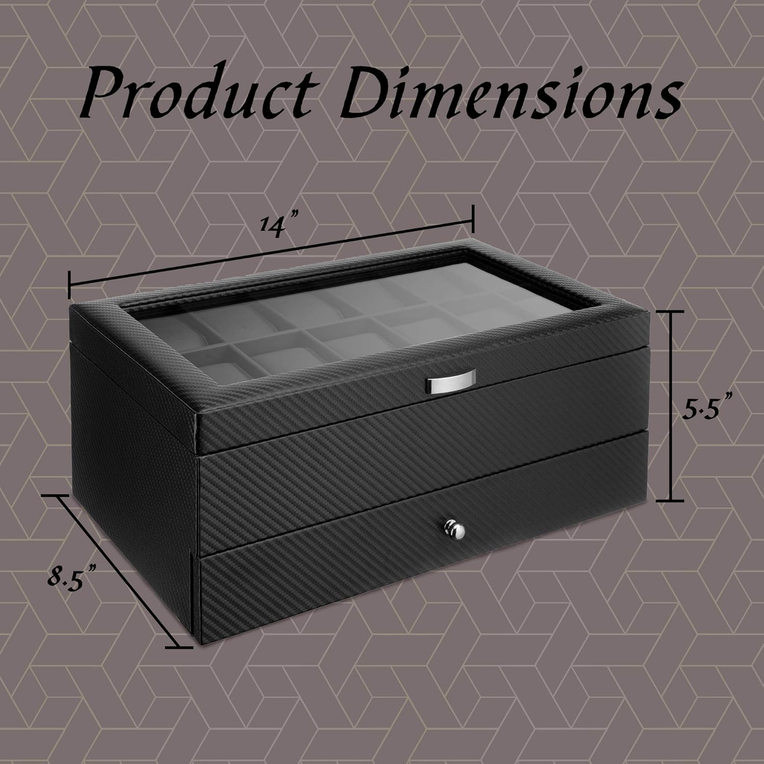 Watch Box- Display Case & Organizer For Men| First-Class Jewelry Watch Holder| 12 Watch Slots & Valet Drawer for Sunglasses, Rings, Phone| Sleek Black Color, Glass Top, Carbon Fiber, & Faux Leather: Home & Kitchen