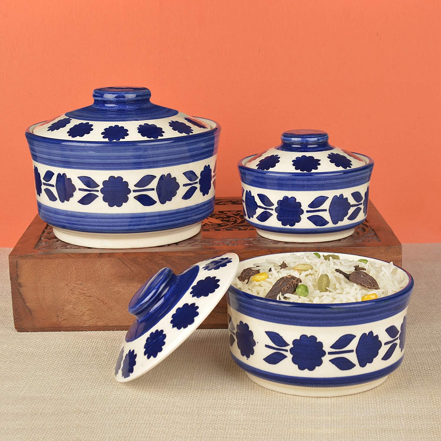 Buy StyleMyWay Studio Pottery Handpainted Ceramic Serving Donga with Lid Casserole Set (Set of 3
