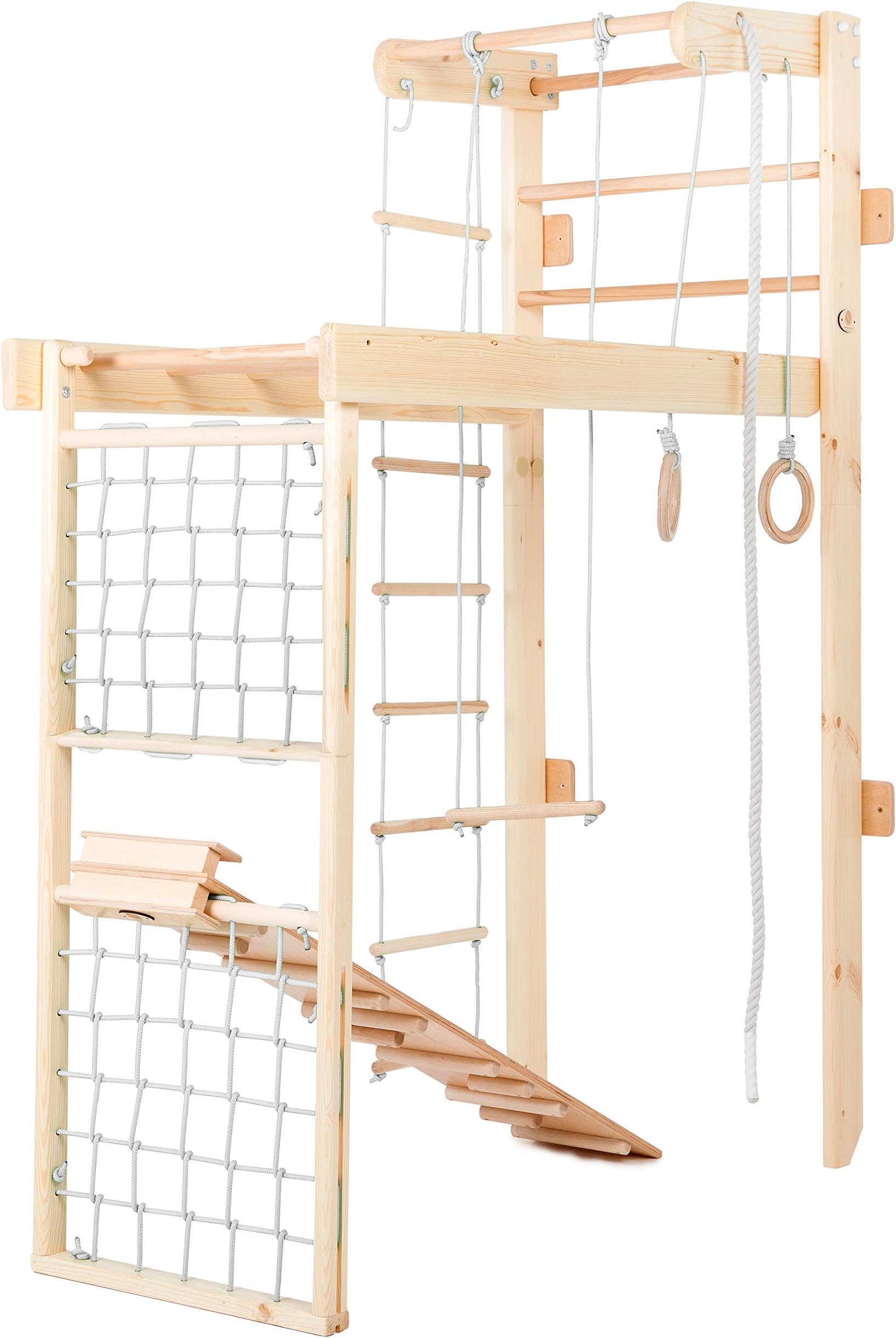 Kidsmont Swedish Ladder Wall Bars Climbing Indoor Leisure Home Sports Equipment Scoliosis Wood Gymnastic Kinototherapy with Crash Landing Panel Mattress Detachable Slide