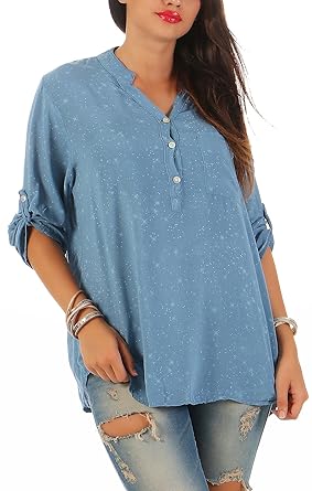 Zarmexx Feine Viskosebluse Hemdbluse Langarm - Fischerhemd Regular Fit Leichte Bluse Tunika Sternchen-Muster One Size