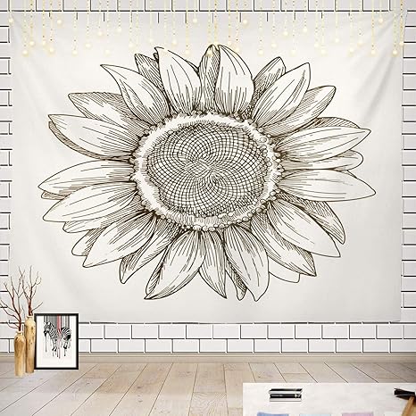 Amazon Co Jp ひまわりのタペストリー 黒と白のひまわりスケッチデザインピクニックマットビーチタオル壁アート寝室のリビングルームの寮 白黒 150x100cm ホーム キッチン