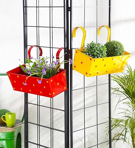 JaipurCrafts Polka Dotted Square Railing Planter, Set of 5 (Magenta, Purple, Green, Red, Yellow)