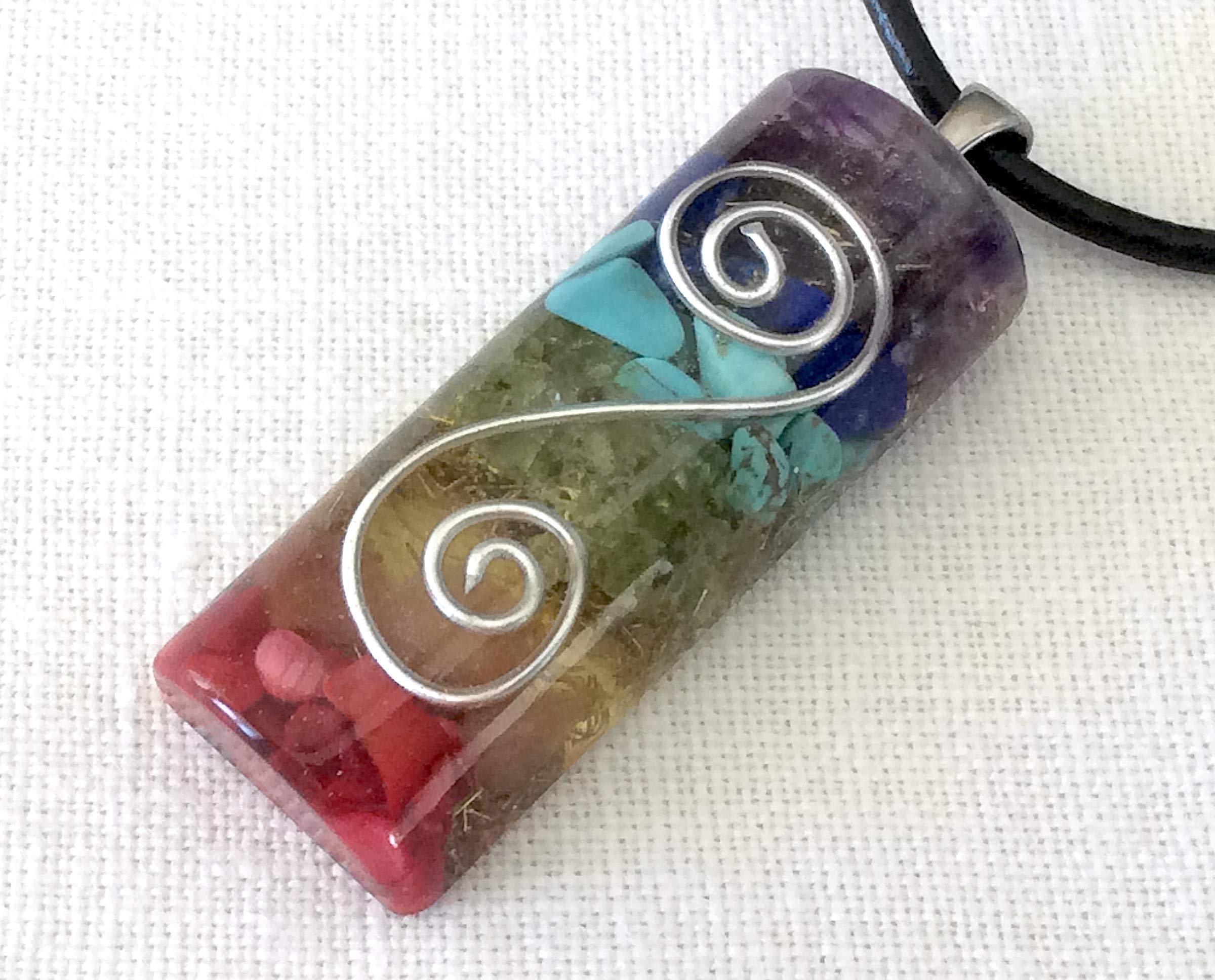 Orgone energy stick pendant necklace with silver double spiral & seven chakra healing stones. EMF protection. Made in USA