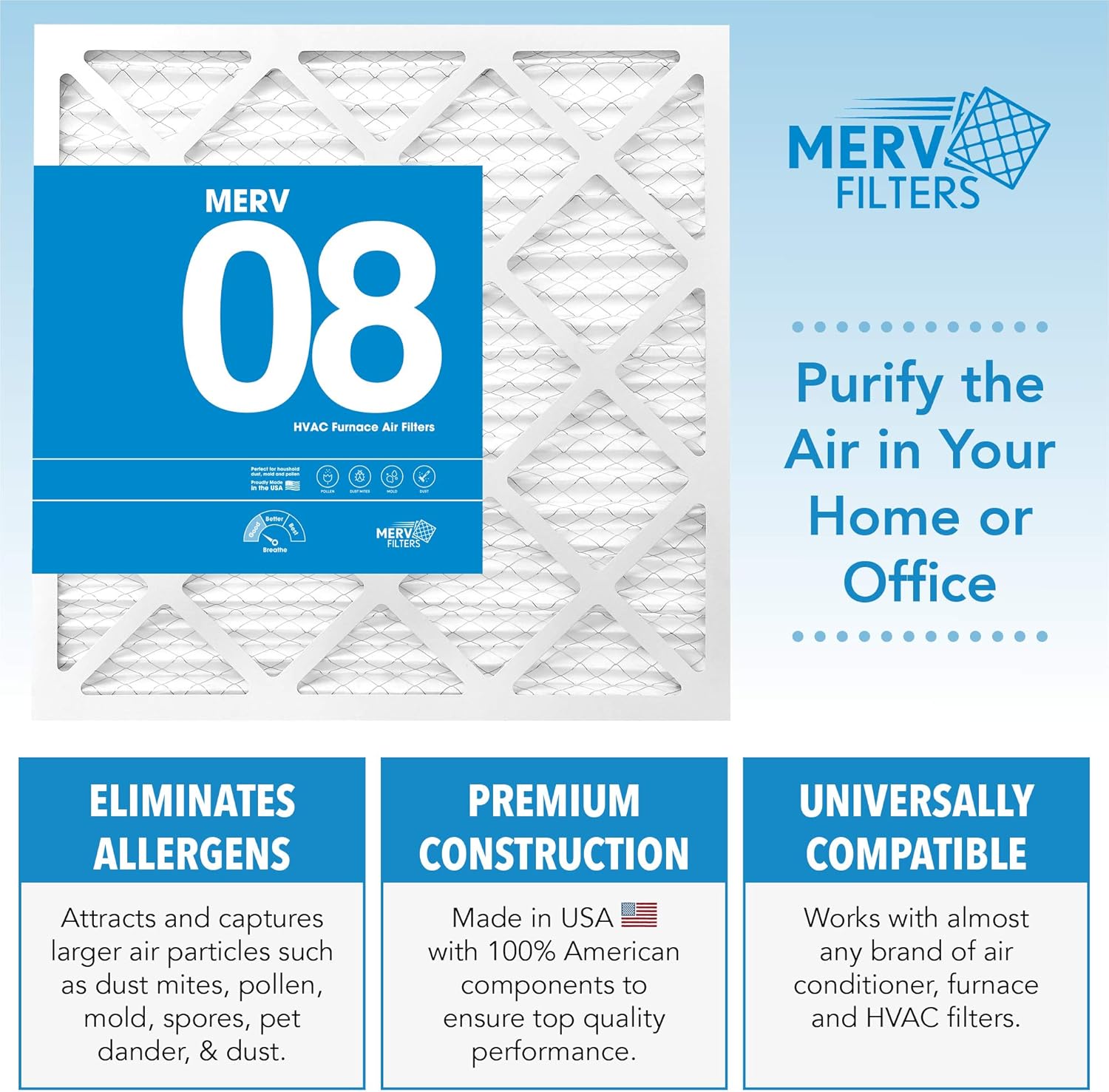 MervFilters 10x10x1 Air Filter, MERV 8, MPR 600-6 Pack of AC Furnace Air Filters - - 