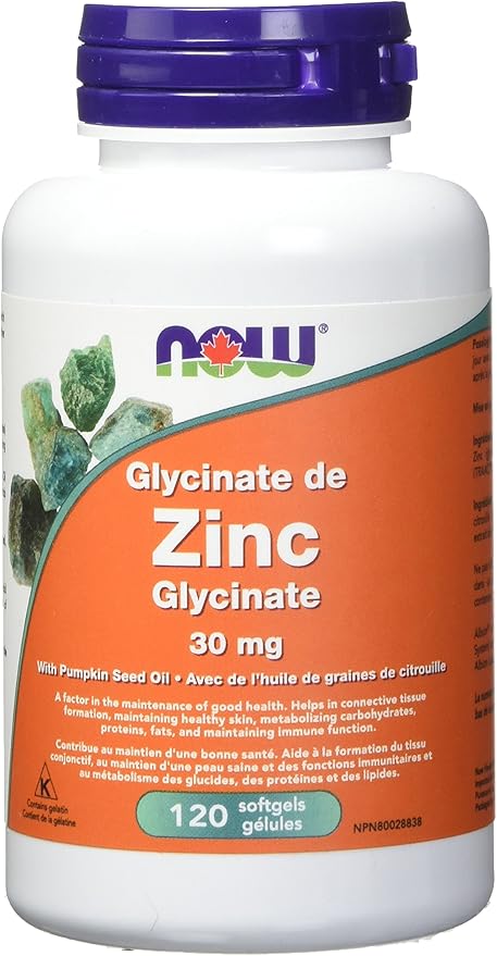 NOW Zinc Glycinate (Bisglycinate Form) Softgels, 30mg, 120 Count ...