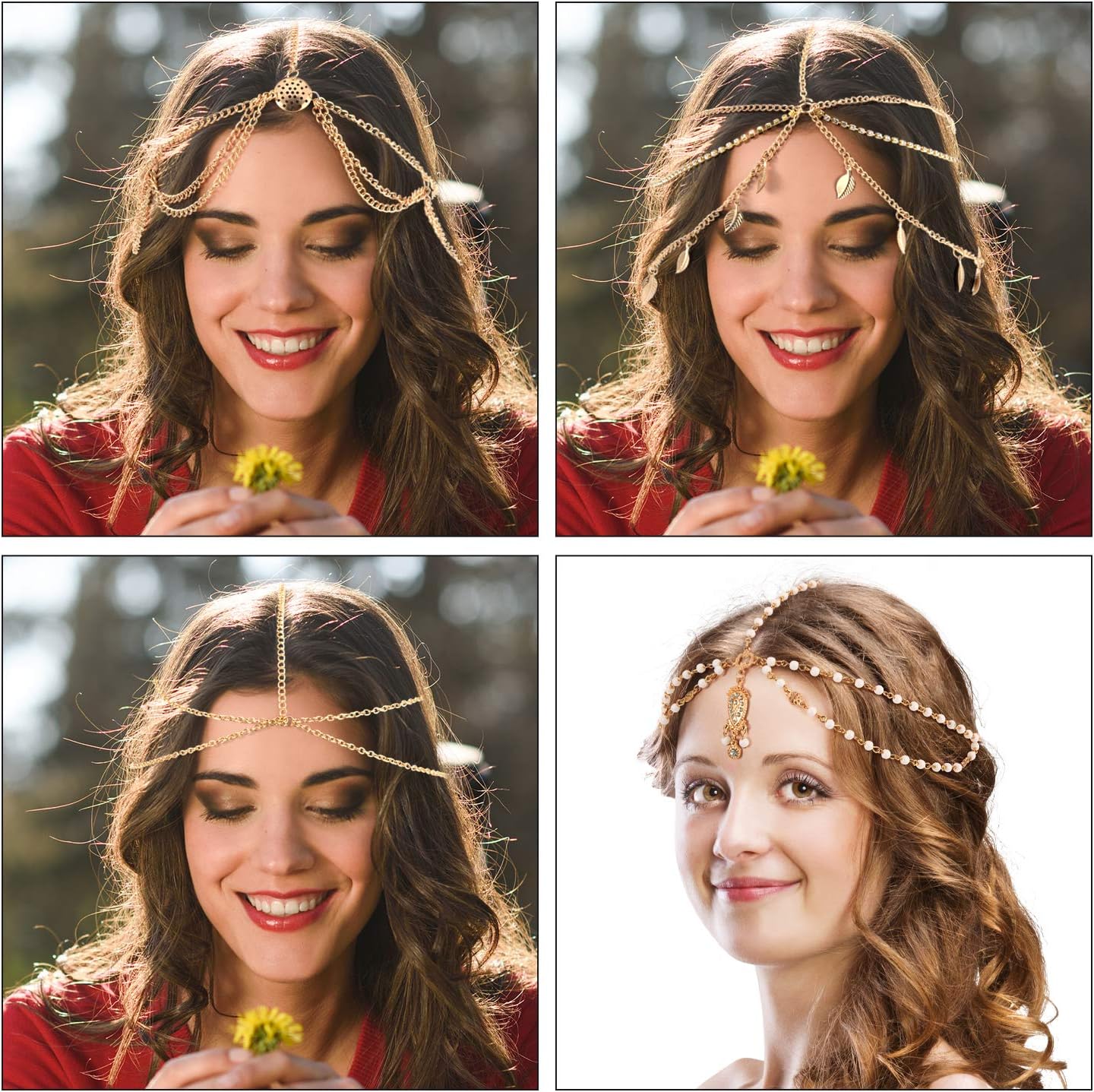 8-Piece Gold Head Chain Jewelry Boho Headband Headpiece Coins Pearl Tassel Hair Band Festival Prom Wedding for Women and Girls (Style A) - Image 5