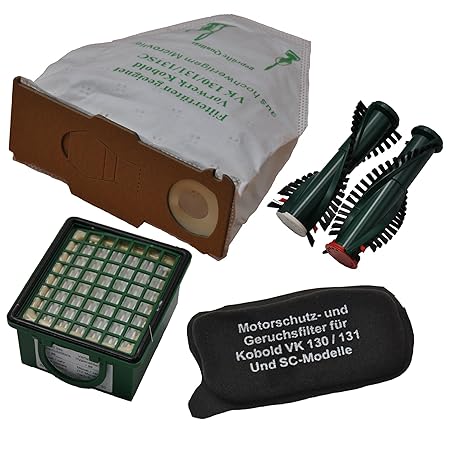 Spar-Set, 6 Microvliesbeutel, 1 Hygienefeinfilter, 1 Geruchsfilter und 1 Paar Ersatzbürsten geeignet für EB 350 geeignet für Ihren Vorwerk Kobold 130 / 131