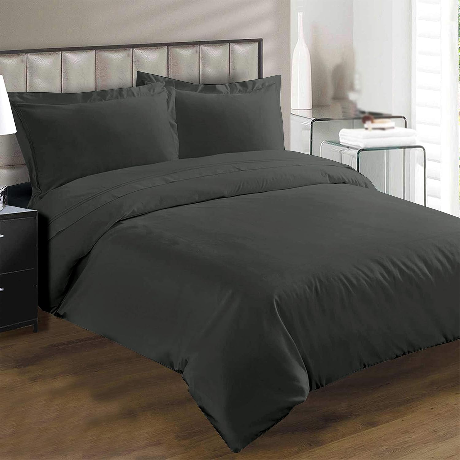 400 Thread Count Cotton Dark Grey Kingsize Duvet Cover Sets, 100 Long