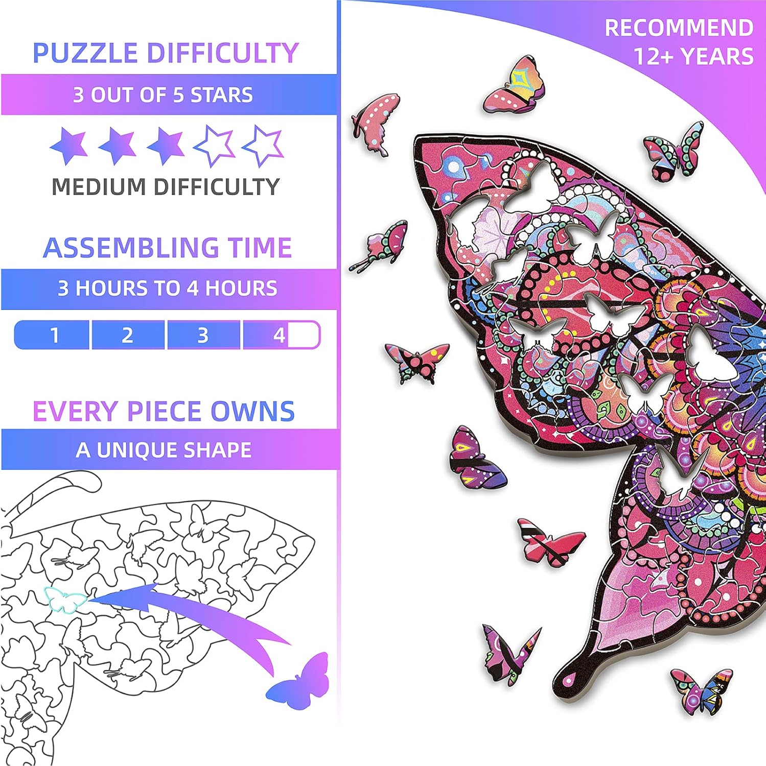 MOSUNECE Wooden Puzzles for Adults and Kids,Animal Shape Puzzles,Wooden Puzzles,Unique Family Decoration Butterfly Puzzles DIY Gift for Teens,Family: Toys & Games