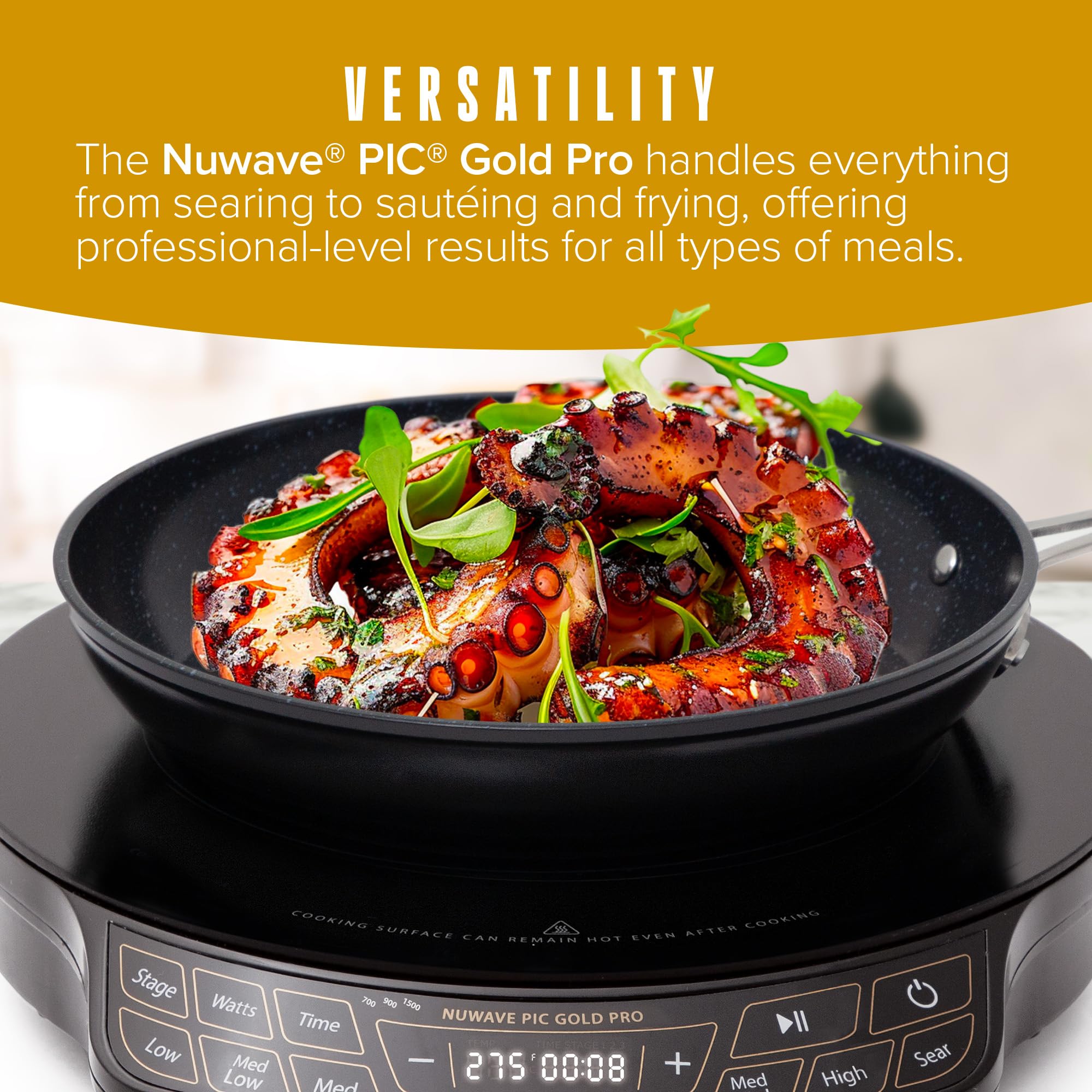 Nuwave Gold Pro Precision Induction Cooktop, Large 8” Heating Coil, 12” Heat-Resistant Cooking Surface, Adjustable Wattages,100°F to 575°F, Portable, Built-In Safety Auto Shut Off