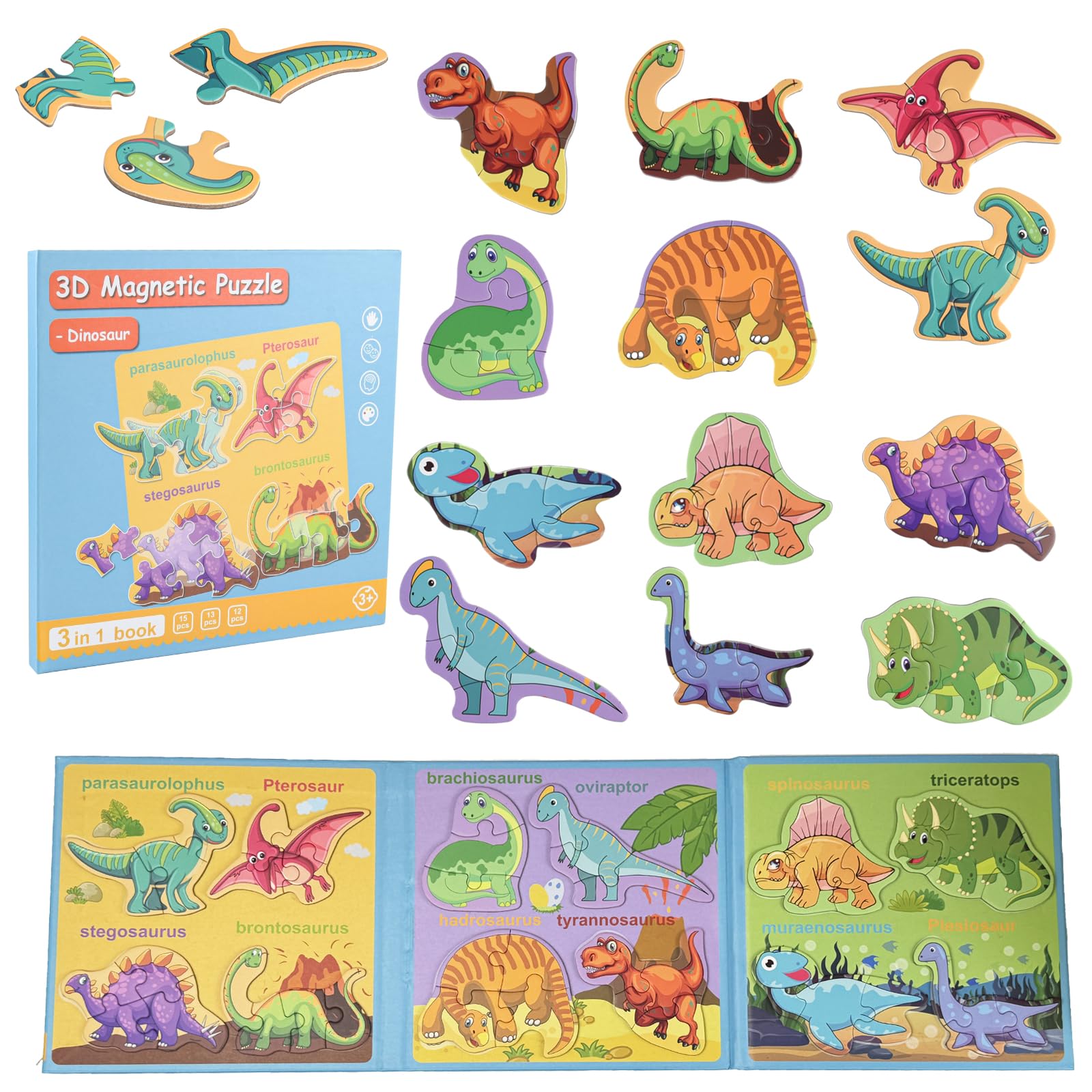 ASTARON Magnetic Dinosaur Puzzle with 80 Puffy Stickers for Toddlers, 40 Pieces Puzzles Preschool Education Learning Travel Toys Car Plane Activities For Kids Road Trip Birthday Gifts