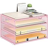 Subekyu Paper Letter Tray Organizer for Desk, Pink Metal Mesh Desk File Sorter Organizer with Handle and 2 Sliding Trays for Home Office School Supplies Organization