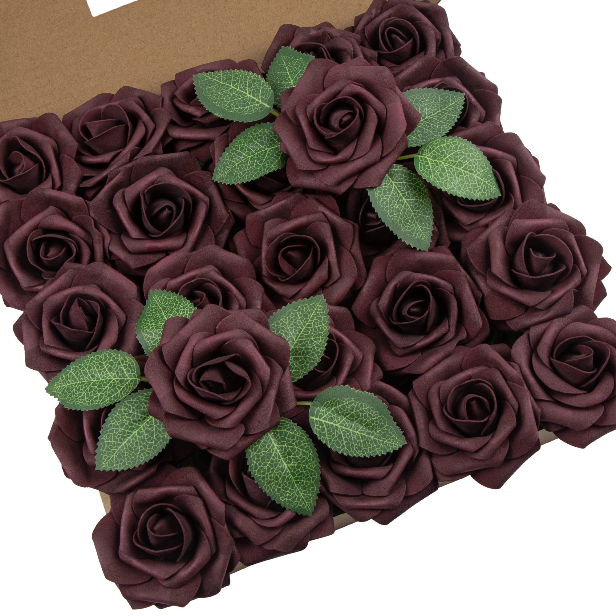 DuHouse 25Pcs Artificial Roses Flowers Fake Roses with Stems Real Touch Foam Flowers for DIY Wedding Bouquet Party Centerpiece Floral Arrangement Party Home Decor(Wine Red-A)