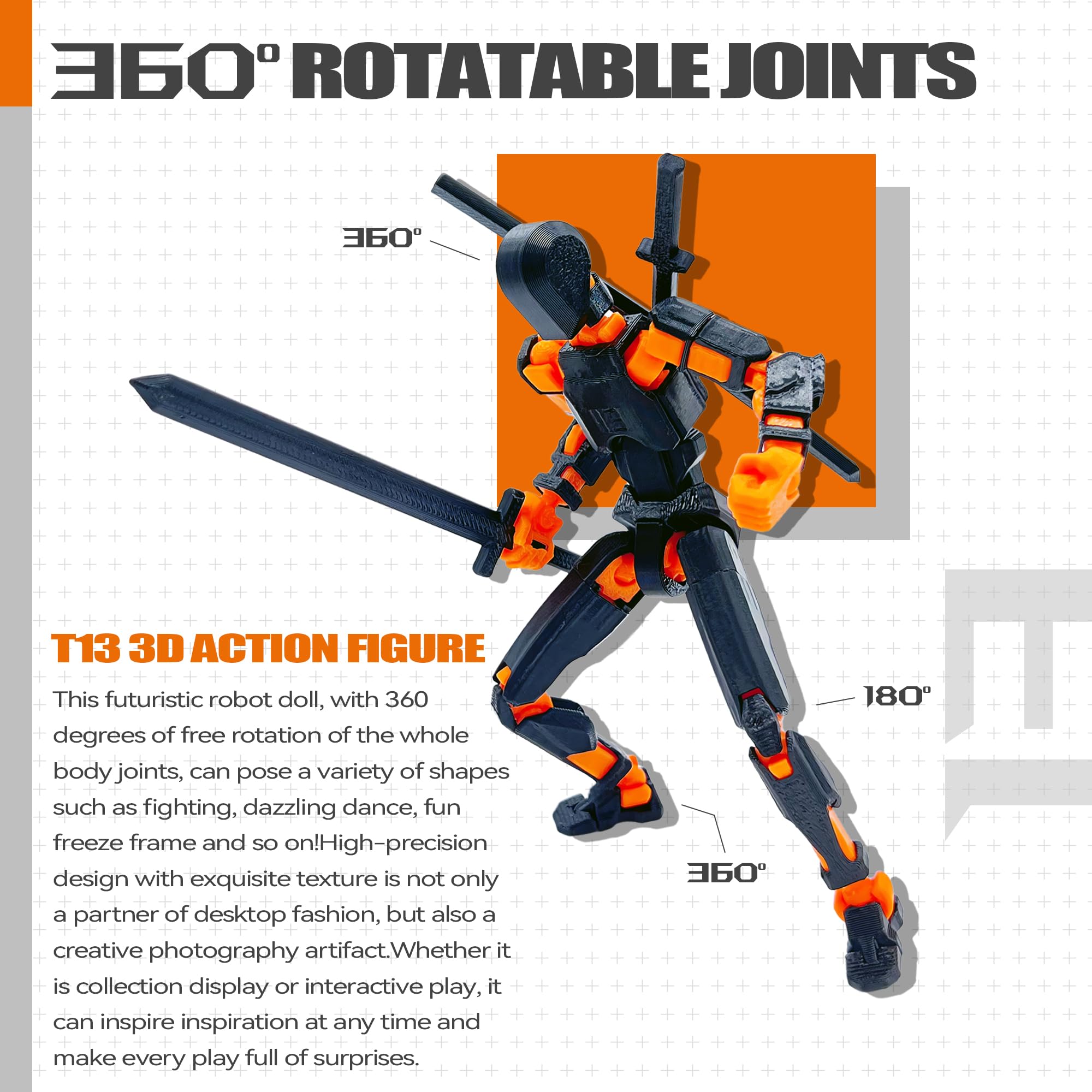 Uodofy (Assembly Completed) T13 3D Action Figure Set,Dummy Robo Titan 13 Action Figures,3D Printed Multi-Jointed Toy (Black + Orange)