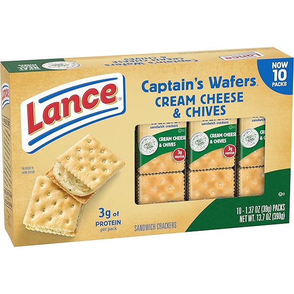 LANCE SANDWICH CRACKERS, CAPTAIN’S WAFERS CREAM CHEESE AND CHIVES, 10 PACKS, 6 SANDWICHES EACH