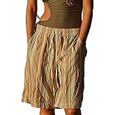 Ceputer Striped Bermuda Shorts for Women Knee-Length Elastic Waist Drawstring Baggy Casual Wide Leg Shorts with Pockets