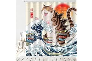 AMLabubu Funny Chubby Cat Monster Shower Curtain Set, Japanese Anime Sunset Ocean Waves Home Bathroom Decor, Polyester Cloth Fabric Bath Curtain with 12 Hooks 72" W x 72" L